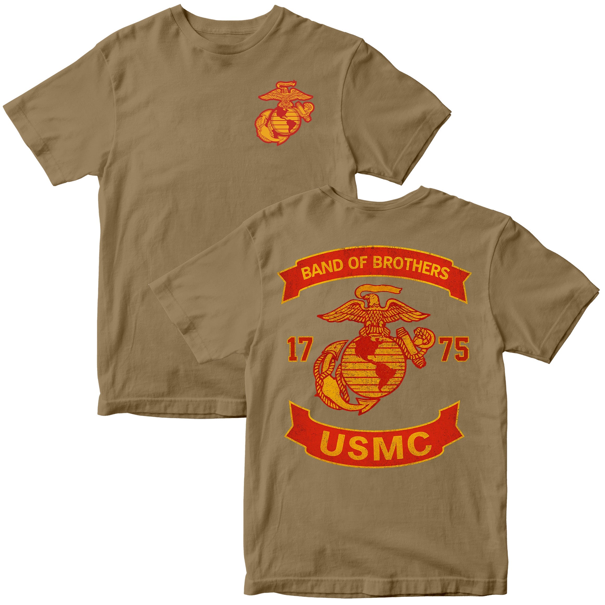 Brown USMC T-shirt with chest EGA and large motorcycle club–style back graphic reading ‘Band of Brothers,’ ‘1775,’ and ‘USMC. Marines Motorcycle Tee