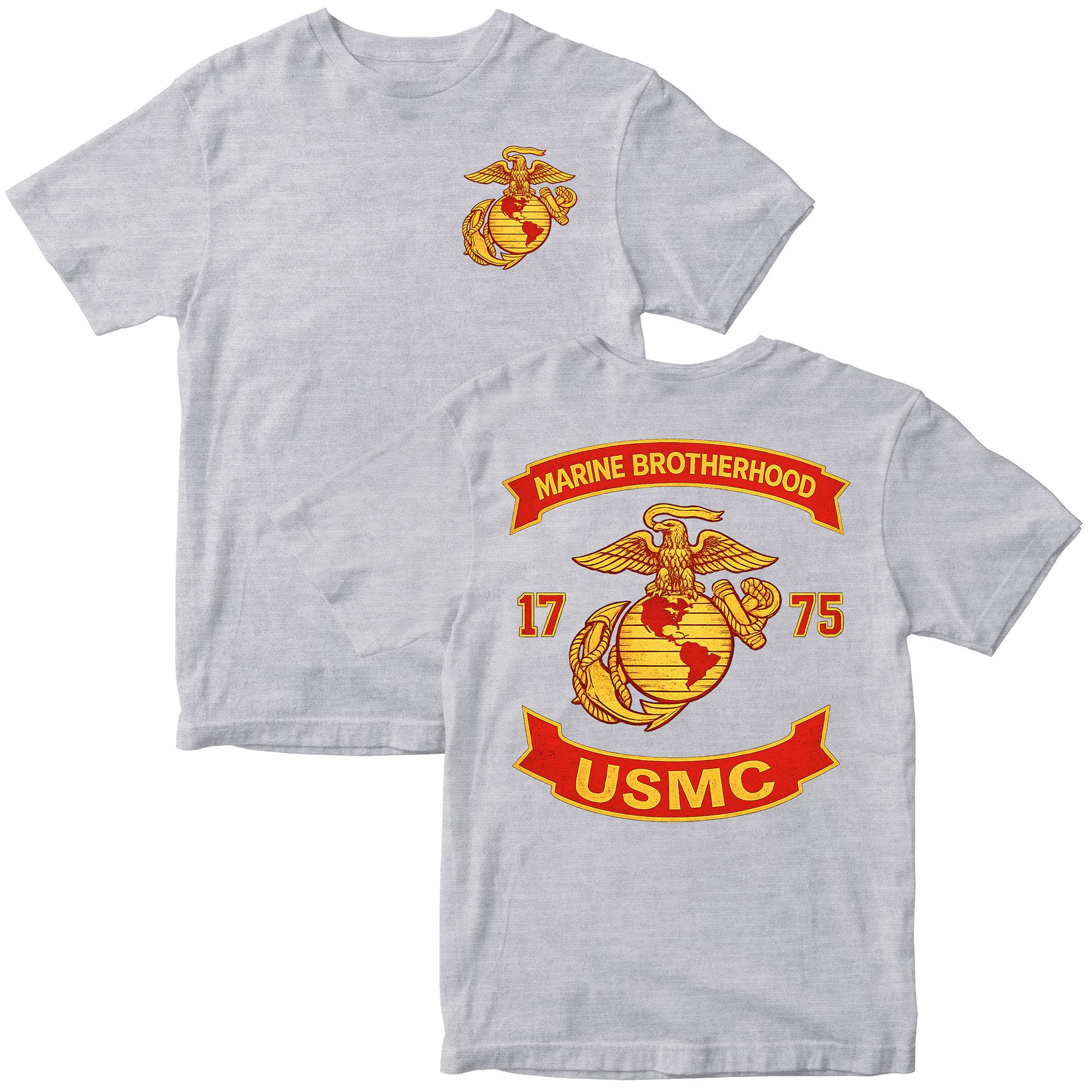 Gray USMC T-shirt with large motorcycle club–style back graphic reading ‘Marine Brotherhood,’ ‘1775,’ and ‘USMC. Marines Motorcycle Tee