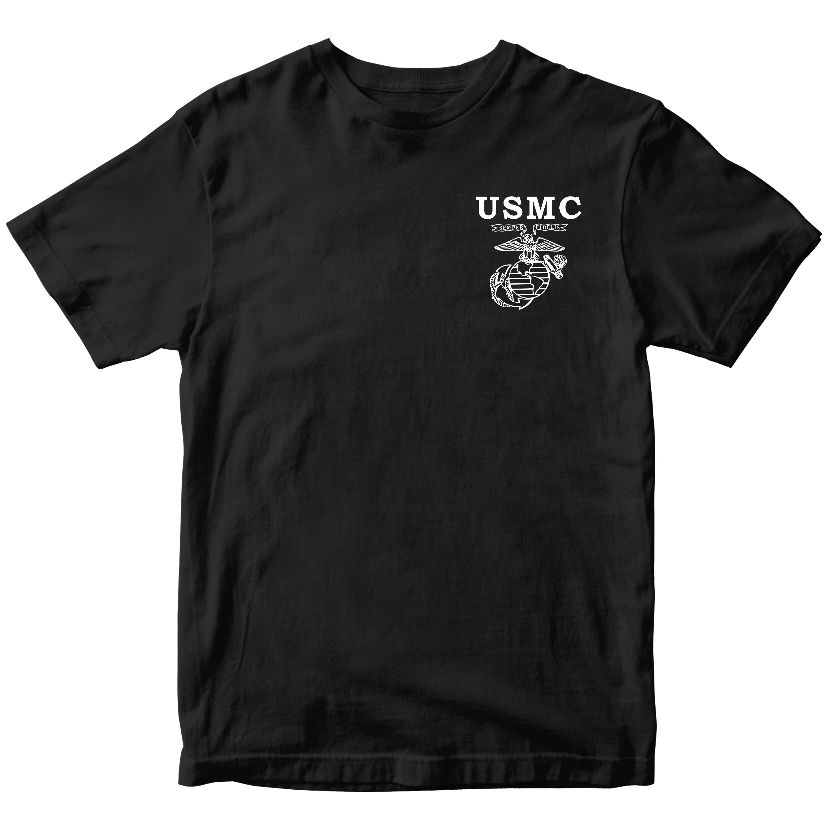 USMC Old School EGA T-shirt with Semper Fidelis Eagle Globe and Anchor chest graphic black tee. Marines Vintage Tee