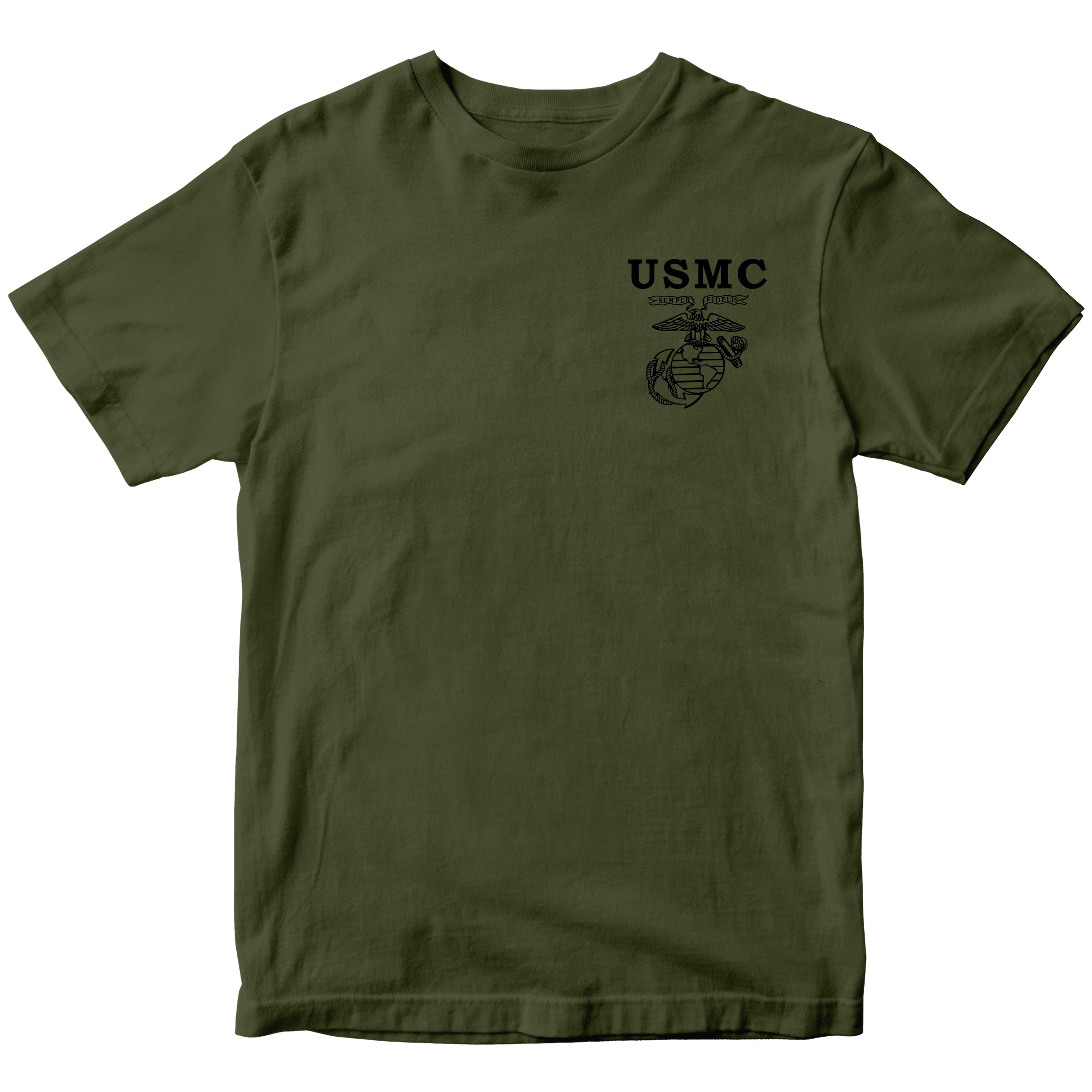 USMC Old School EGA T-shirt with Semper Fidelis Eagle Globe and Anchor chest graphic military green tee. Marines Vintage Tee