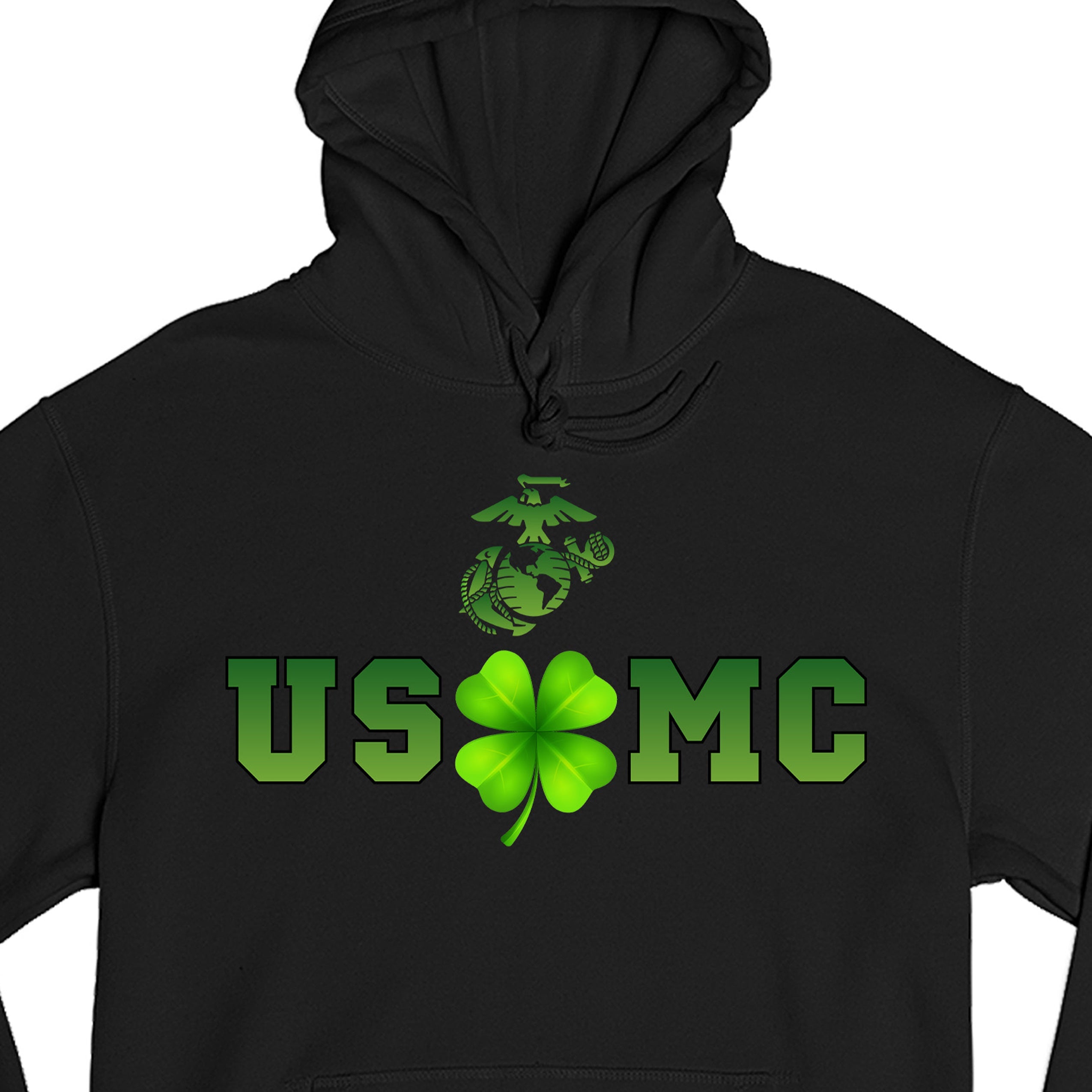 Black USMC St. Patrick’s Day Hoodie with shamrock graphic and Eagle Globe and Anchor. Marines St. Patrick's Day Hoodie