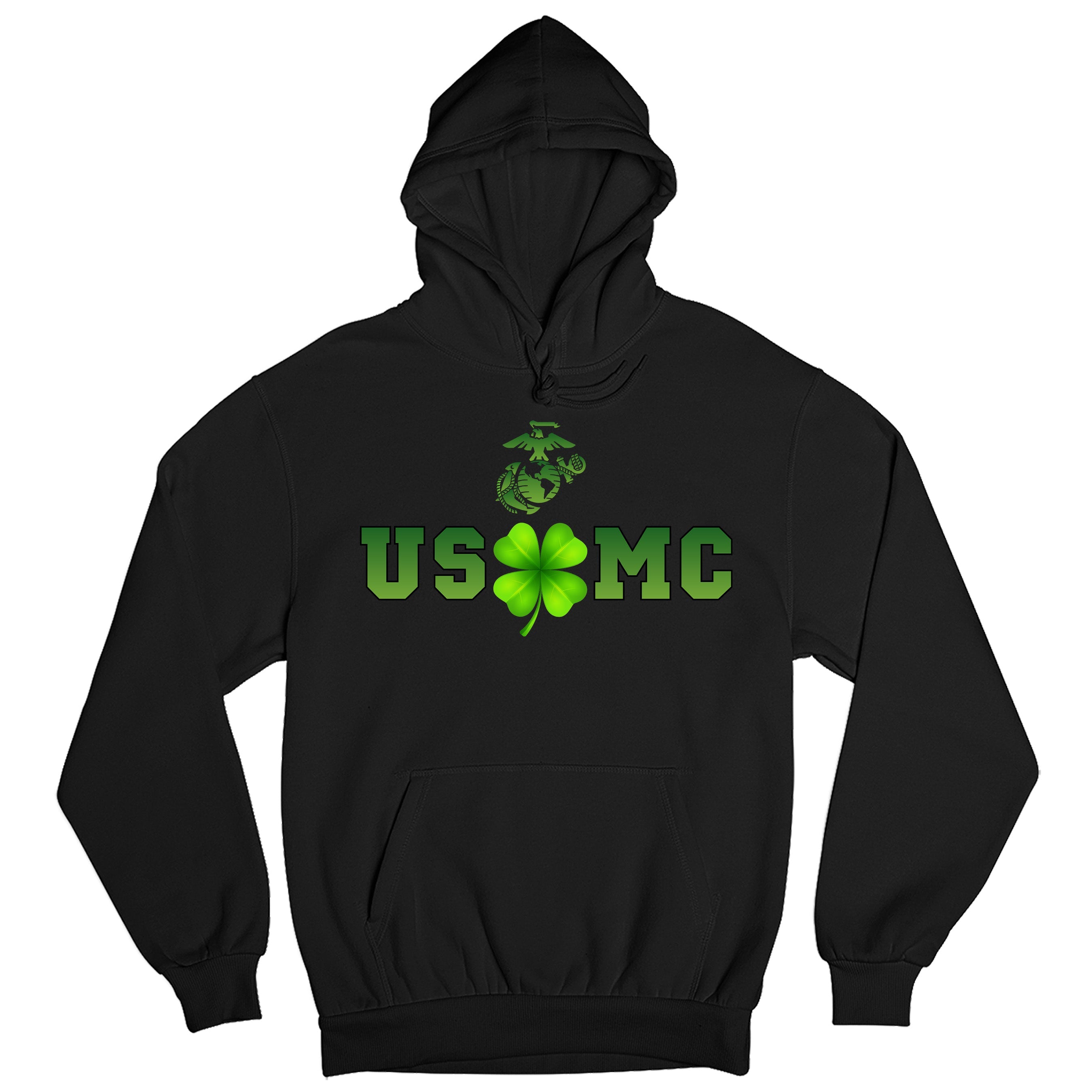 Black USMC St. Patrick’s Day Hoodie with shamrock graphic and Eagle Globe and Anchor. Marines St. Patrick's Day Hoodie