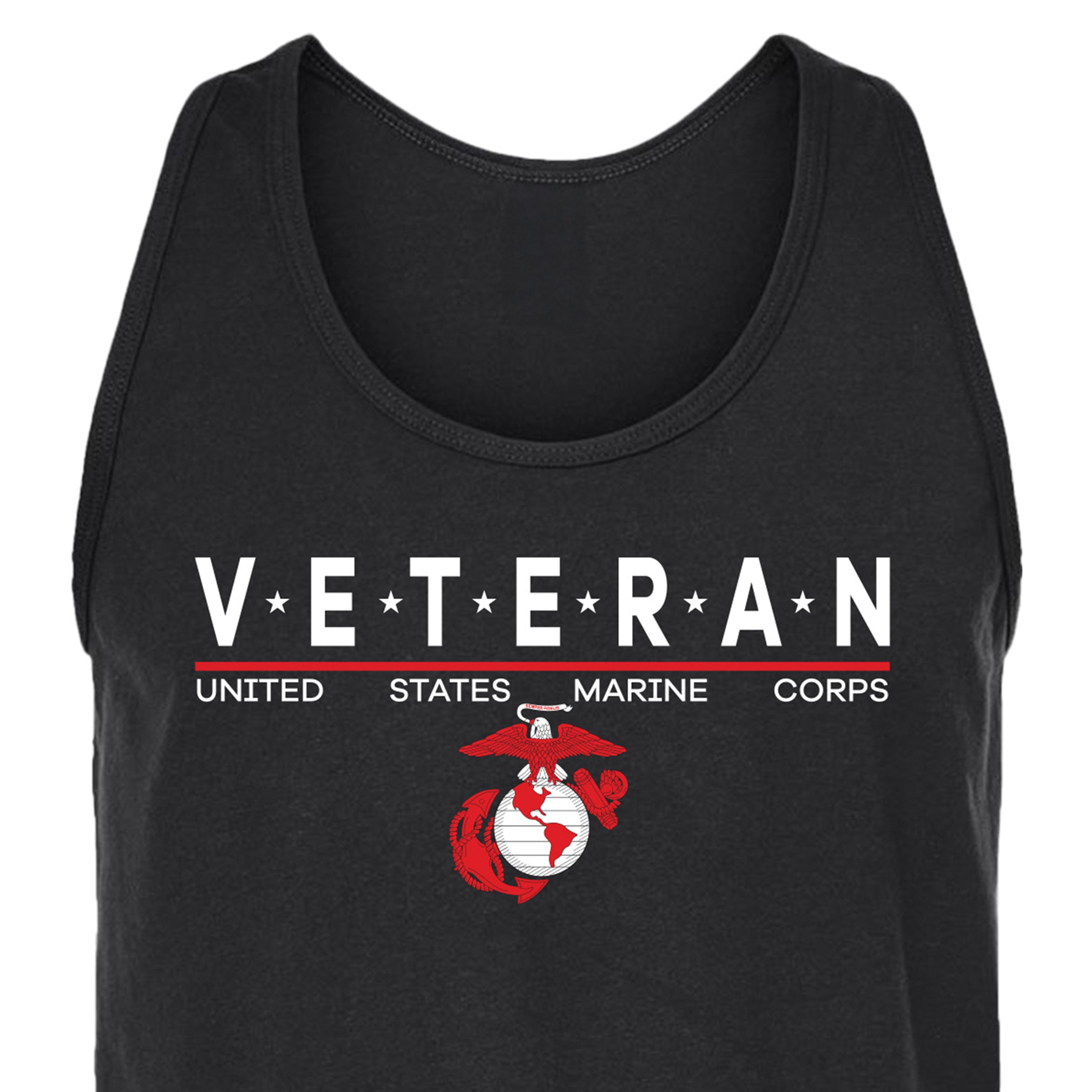 Men’s USMC Veteran tank top with white 'VETERAN' text accented by stars, red Eagle Globe and Anchor emblem, and 'United States Marine Corps' line underneath.