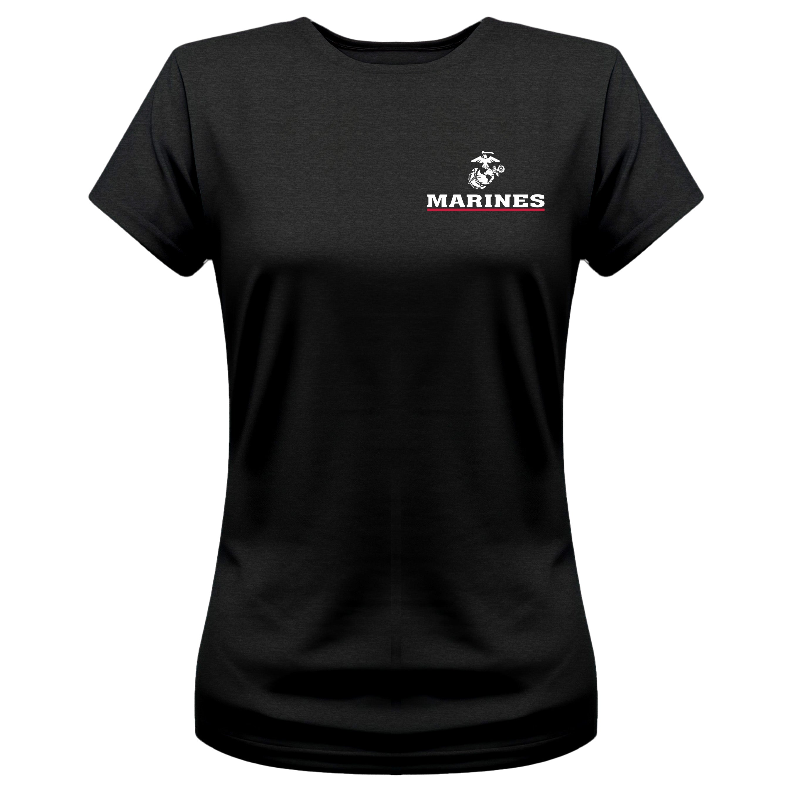Women’s black USMC t-shirt with EGA chest seal emblem above bold white 'MARINES' text and a red underline, minimalist Marine Corps design.