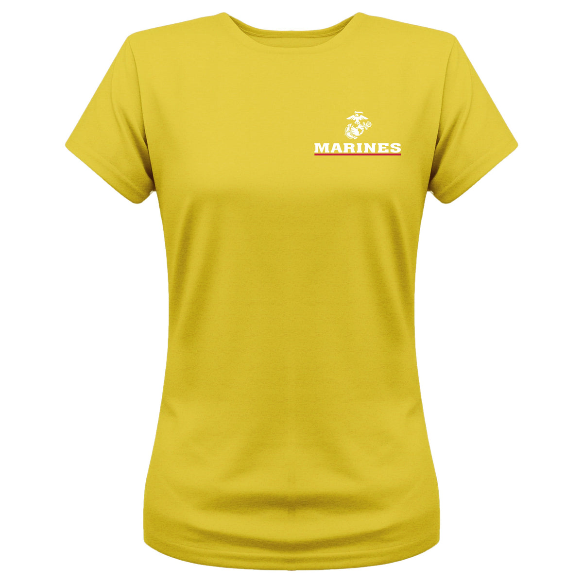 Women’s gold USMC t-shirt with EGA chest seal emblem above bold white 'MARINES' text and a red underline, minimalist Marine Corps design.