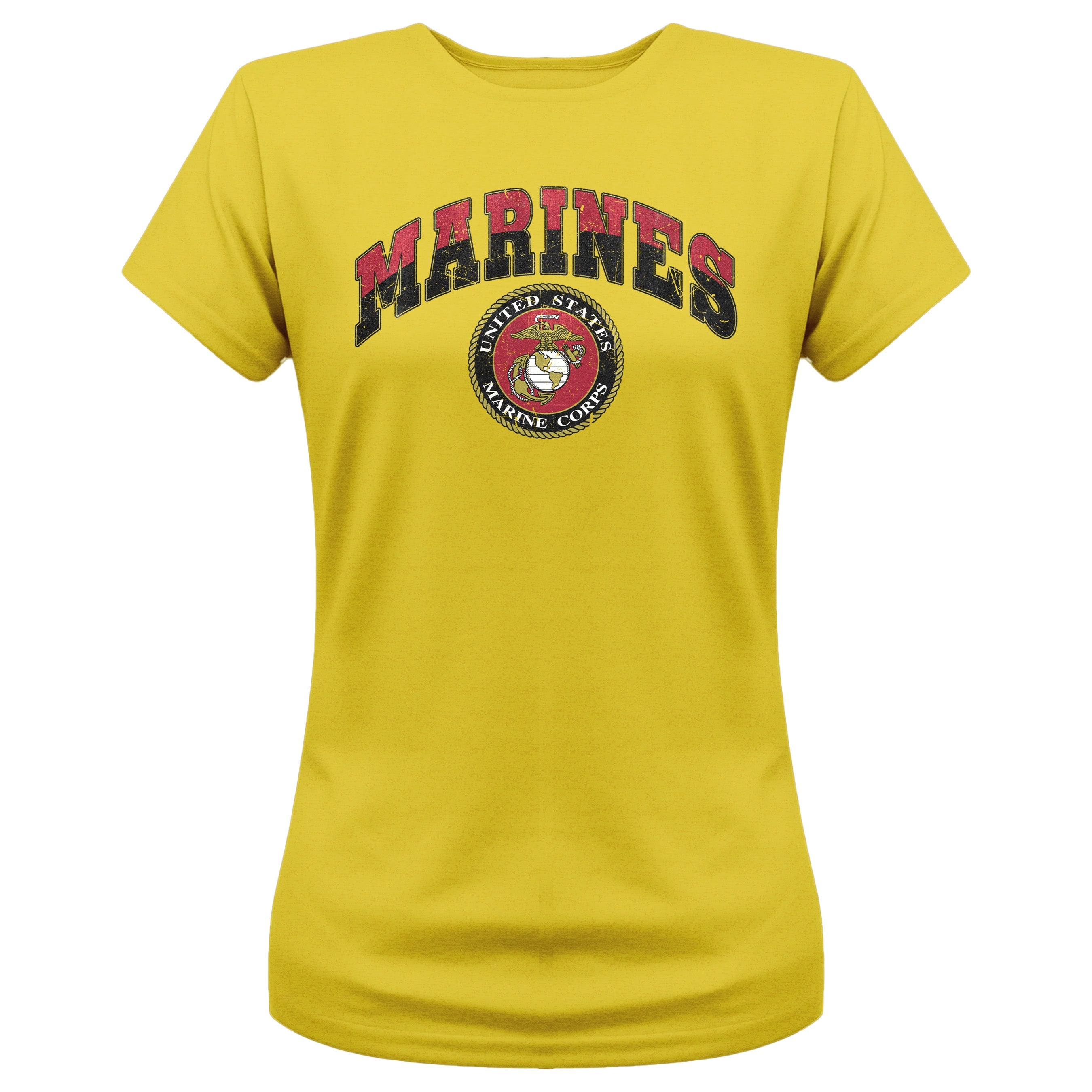 Women’s gold USMC t-shirt with vintage red and gold 'MARINES' text and full-color United States Marine Corps seal, patriotic military shirt for female Marines and supporters.