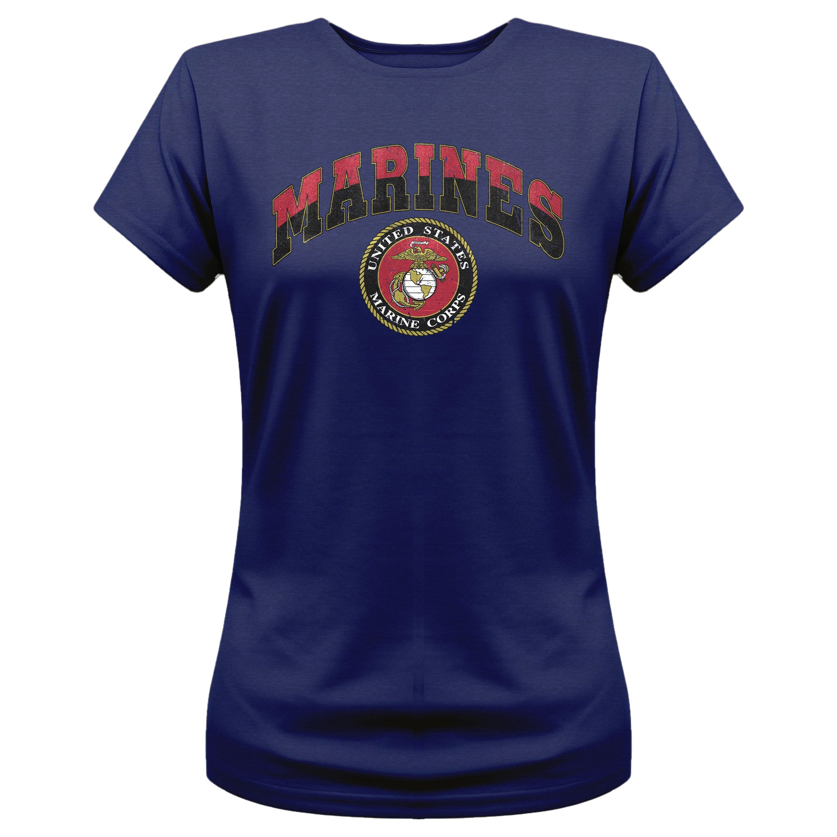 Women’s navy USMC t-shirt with vintage red and gold 'MARINES' text and full-color United States Marine Corps seal, patriotic military shirt for female Marines and supporters.