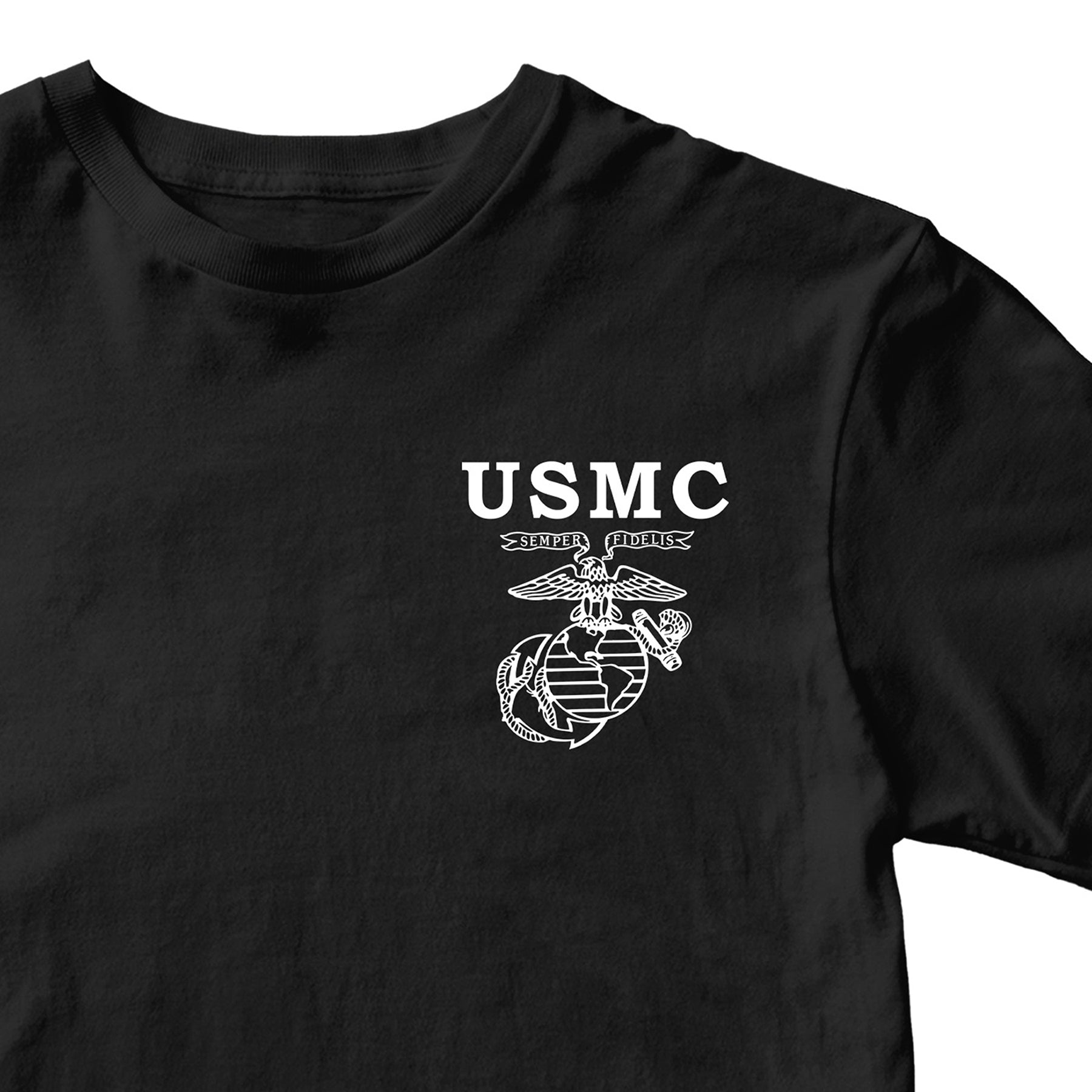 USMC Old School EGA T-shirt with Semper Fidelis Eagle Globe and Anchor chest graphic black tee. Marines Vintage Tee
