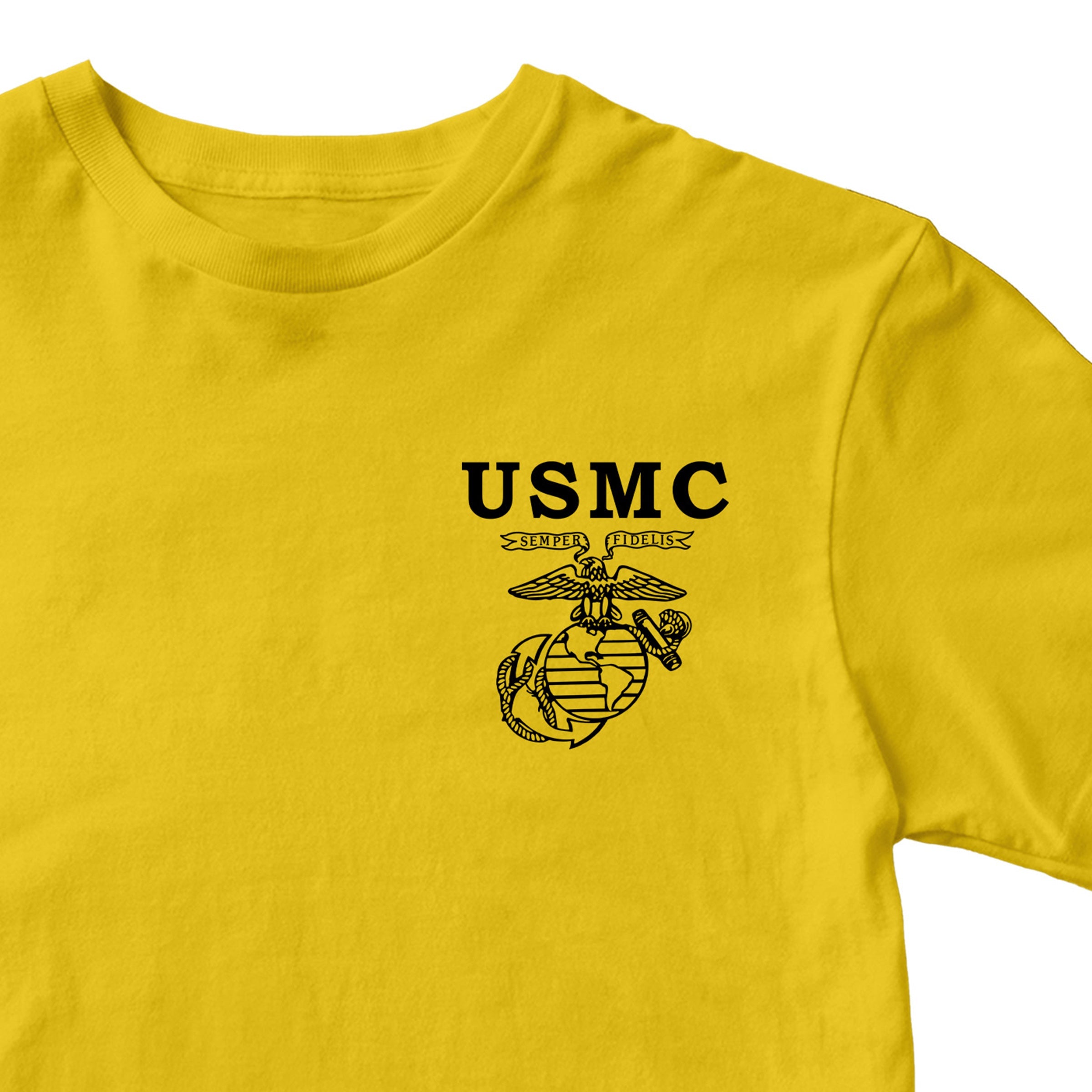 USMC Old School EGA T-shirt with Semper Fidelis Eagle Globe and Anchor chest graphic gold tee. Marines Vintage Tee
