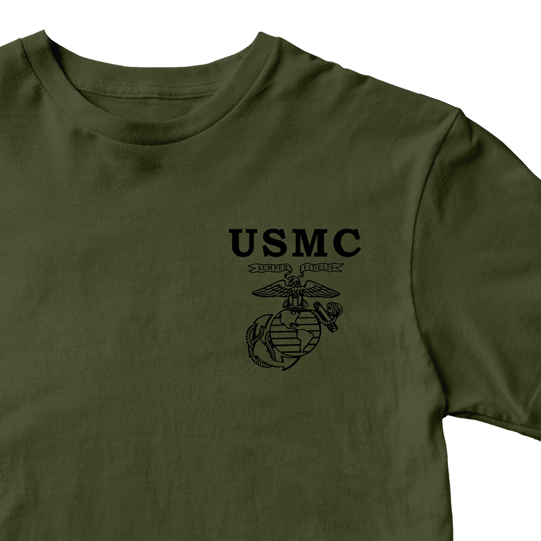 USMC Old School EGA T-shirt with Semper Fidelis Eagle Globe and Anchor chest graphic military green tee. Marines Vintage Tee