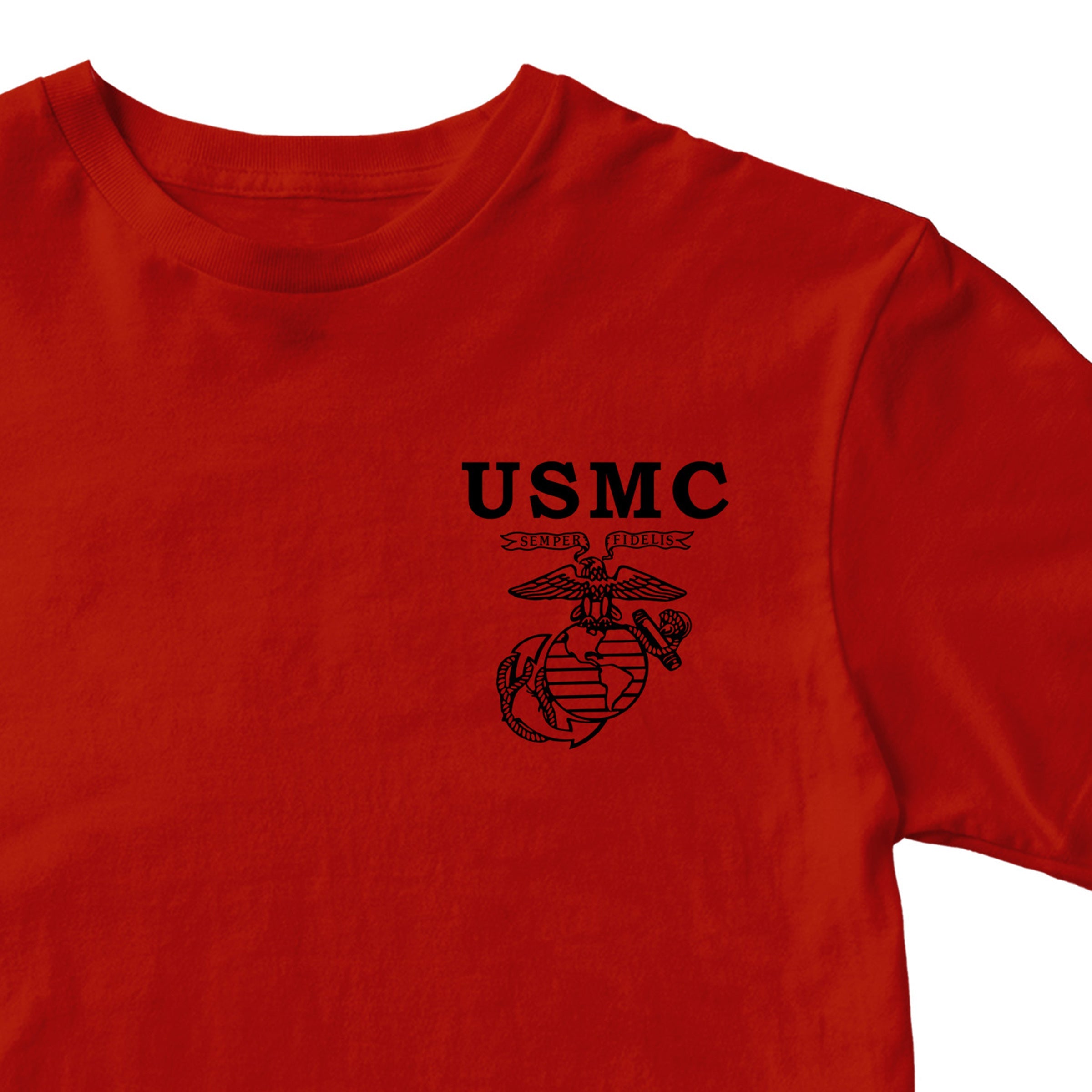 USMC Old School EGA T-shirt with Semper Fidelis Eagle Globe and Anchor chest graphic red tee. Marines Vintage Tee