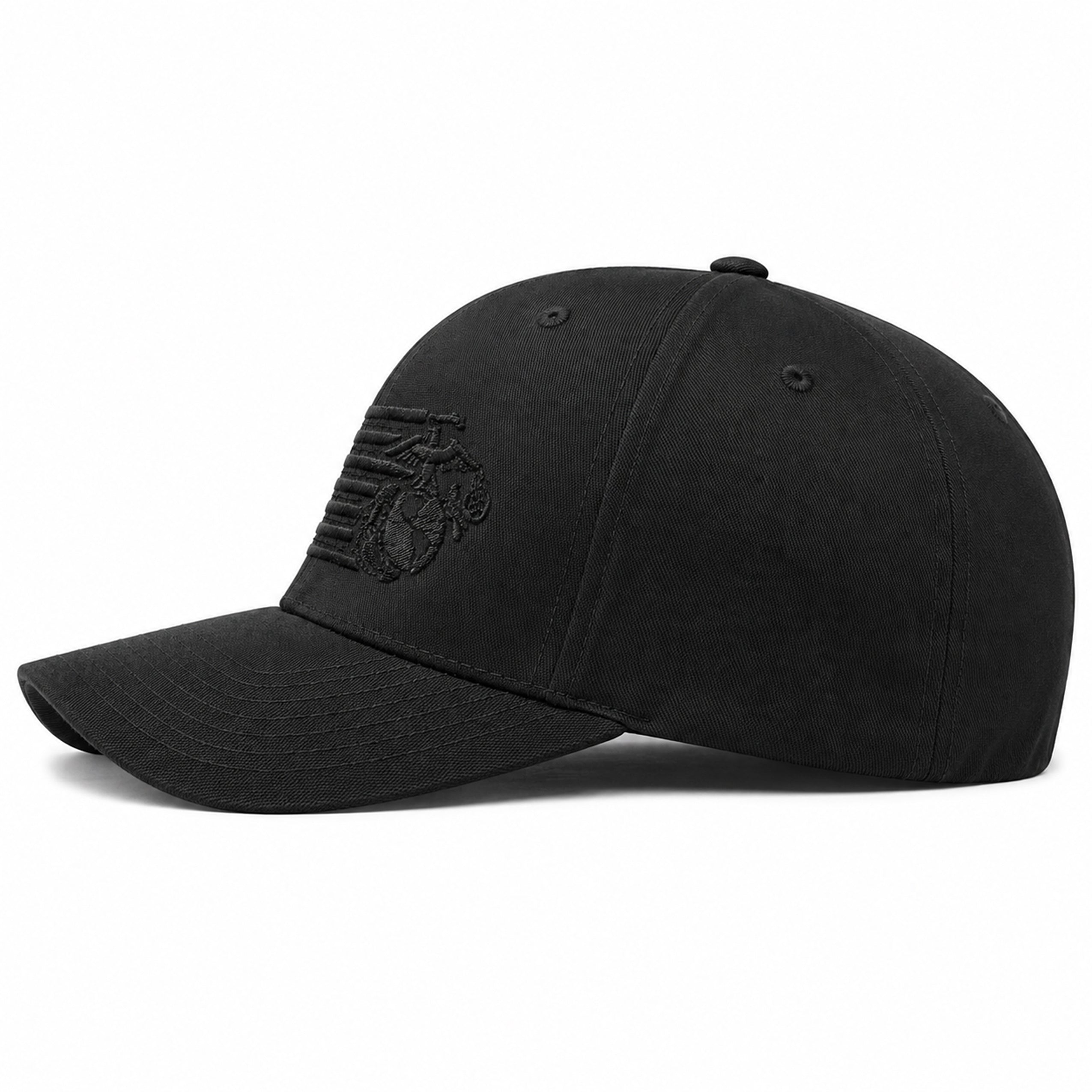 Black USMC Flexfit cap with tonal black-on-black embroidered split American flag and Eagle, Globe, and Anchor design. Marines black hat. USMC cover