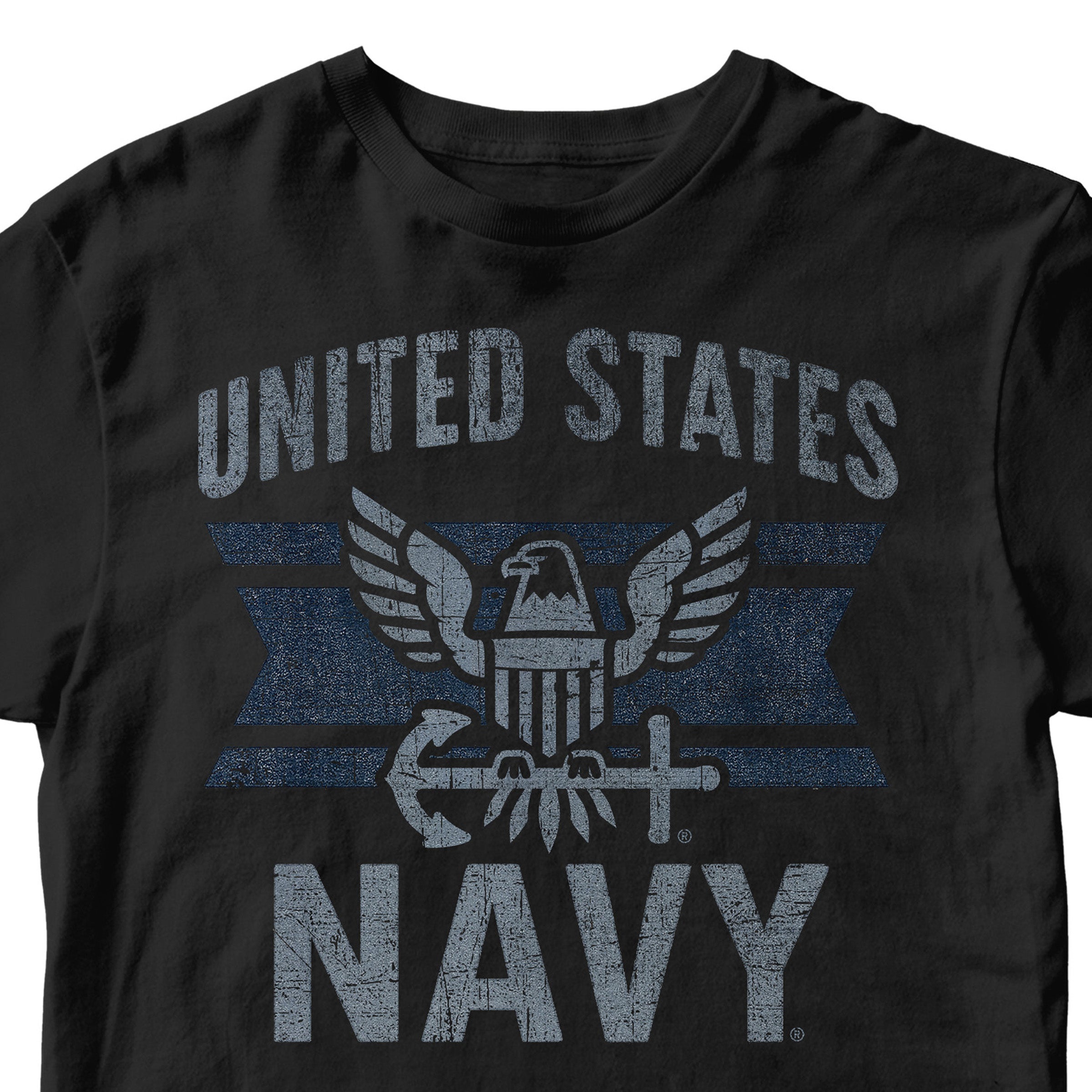 Black U.S. Navy t-shirt featuring eagle crest and navy stripe graphic