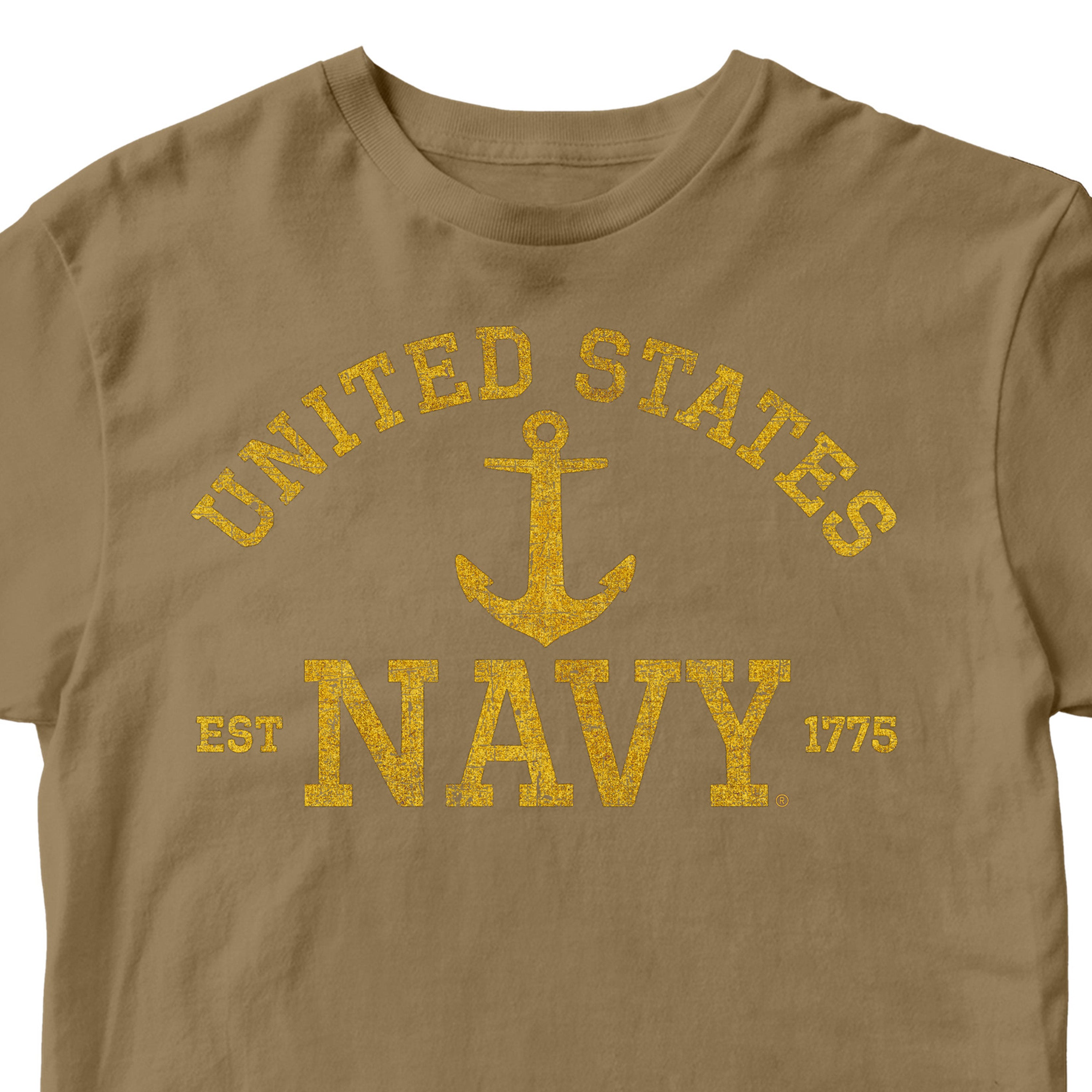 Brown United States Navy EST. 1775 Tee with distressed gold lettering and anchor design