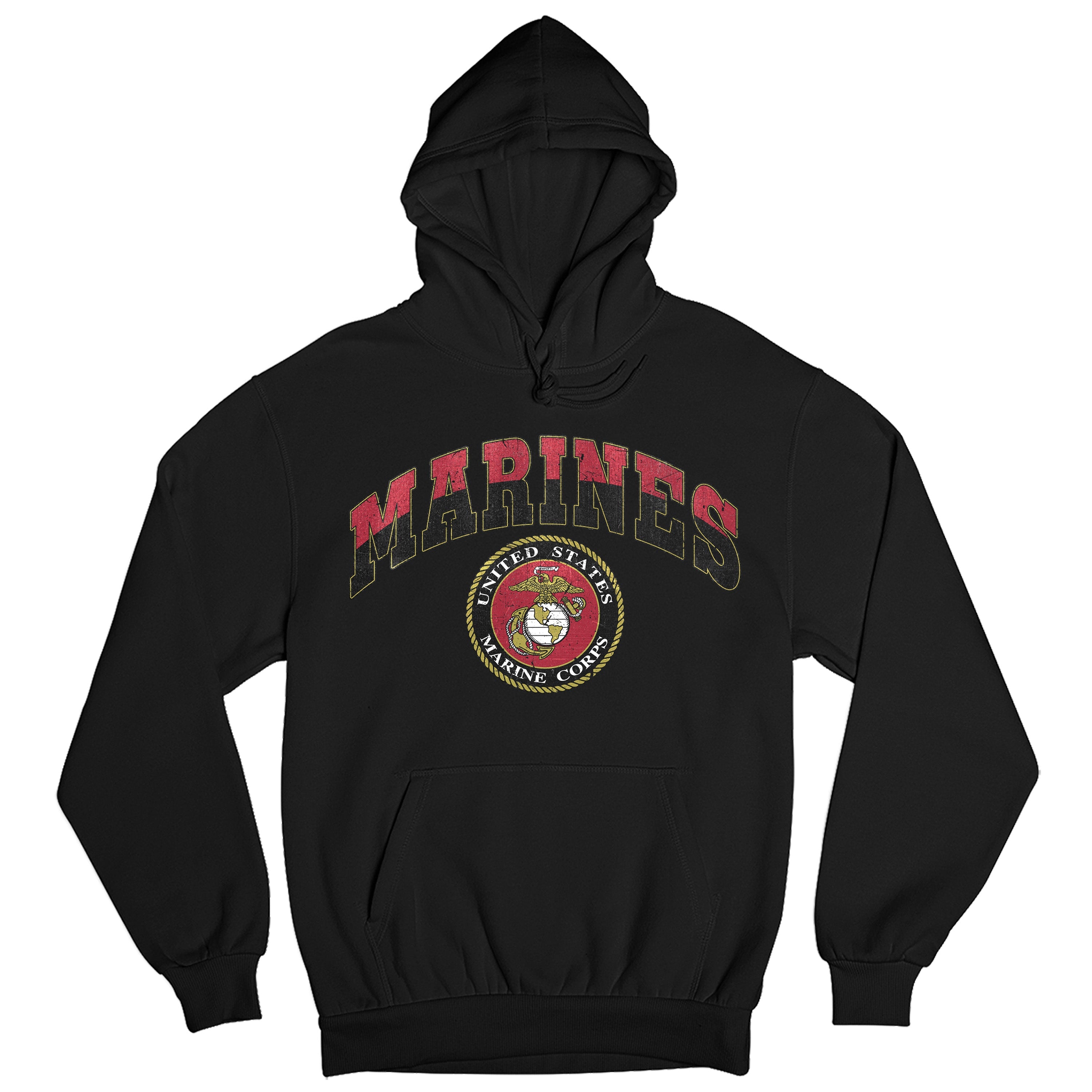 black USMC hoodie with vintage red and gold 'MARINES' text and full-color United States Marine Corps seal, patriotic military hoodie for Marines 