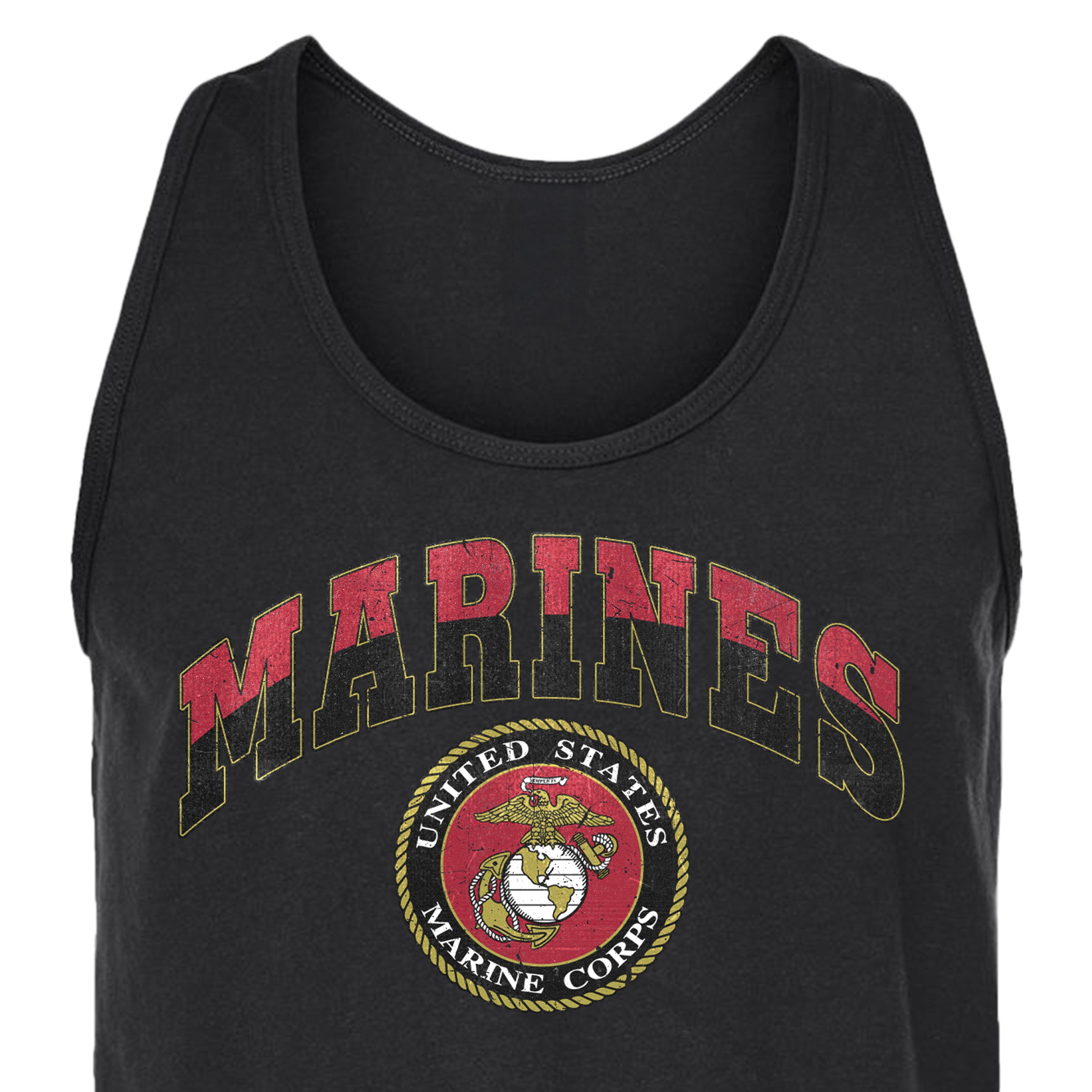 Men’s USMC tank top with distressed red and gold 'MARINES' text arched above the full-color United States Marine Corps seal, vintage military workout tank.