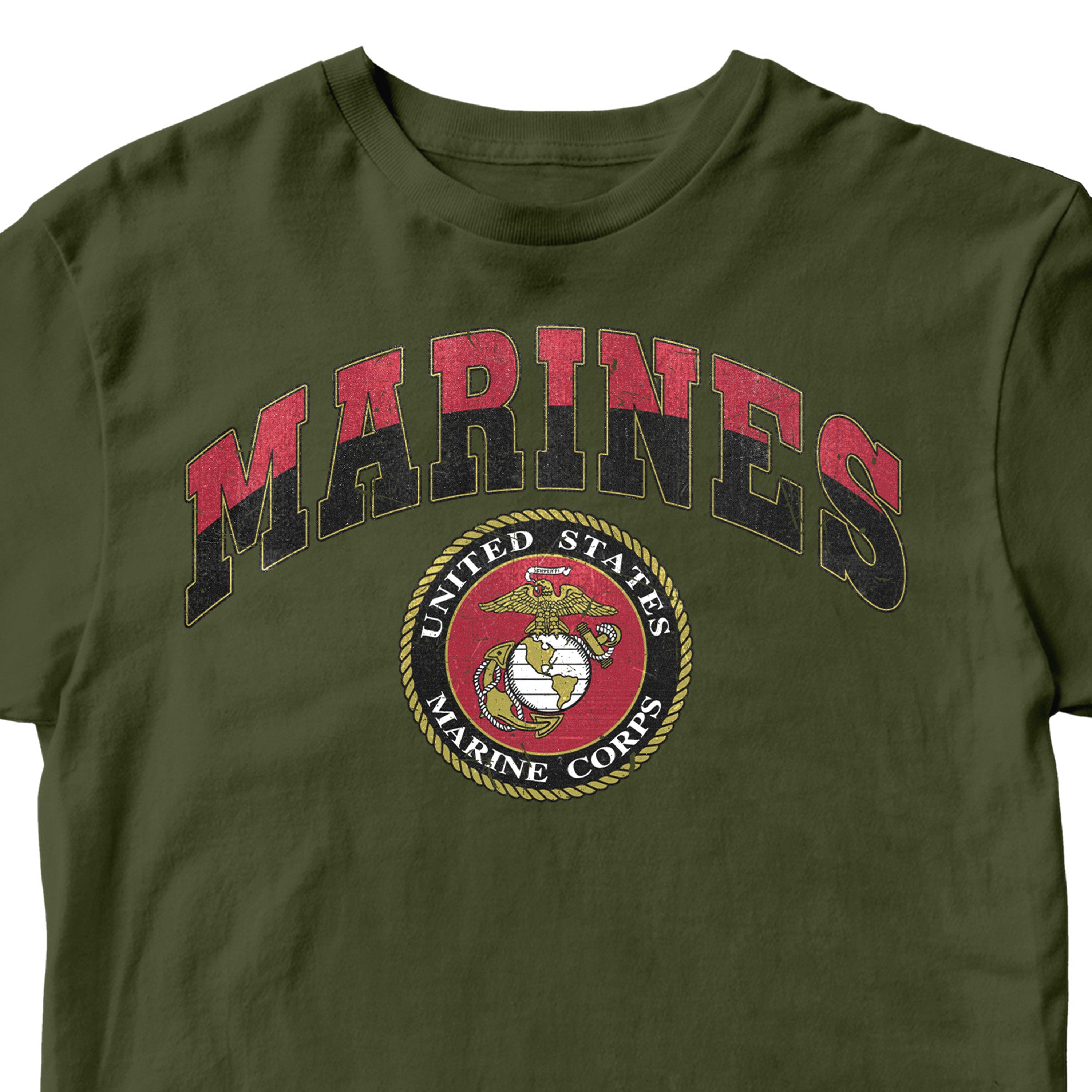Vintage USMC Marines t-shirt with distressed red and black 'MARINES' text and full-color United States Marine Corps seal on chest, patriotic military shirt for veterans and Marine supporters