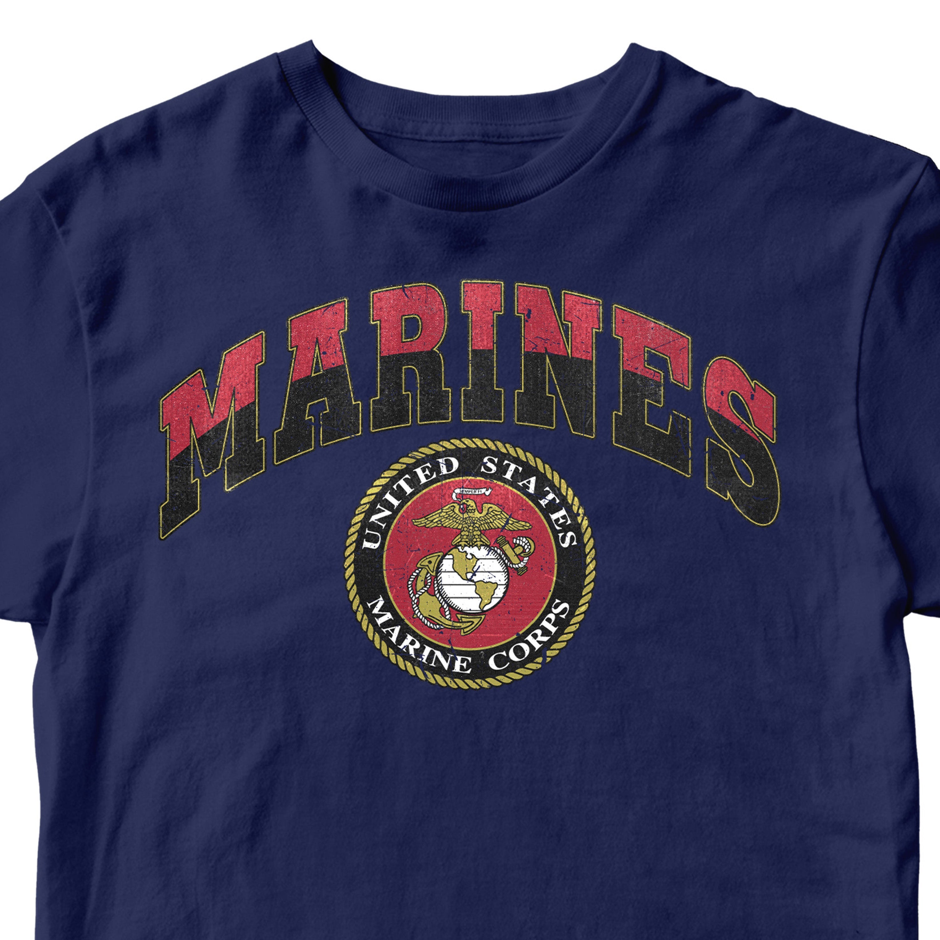 Vintage USMC Marines t-shirt with distressed red and black 'MARINES' text and full-color United States Marine Corps seal on chest, patriotic military shirt for veterans and Marine supporters