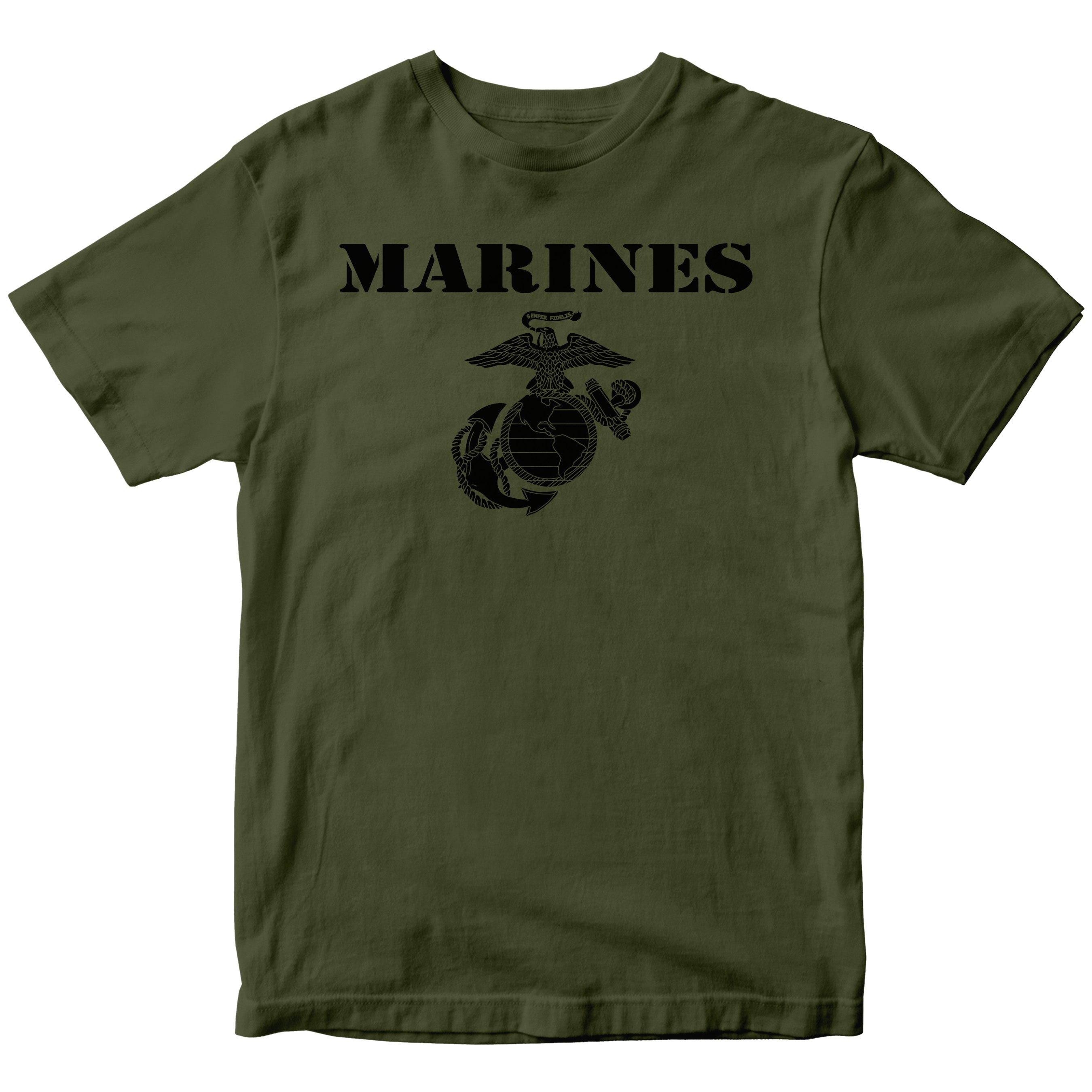 Vintage Marines EGA T-shirt with classic USMC Eagle Globe and Anchor. USMC miliary green Tee