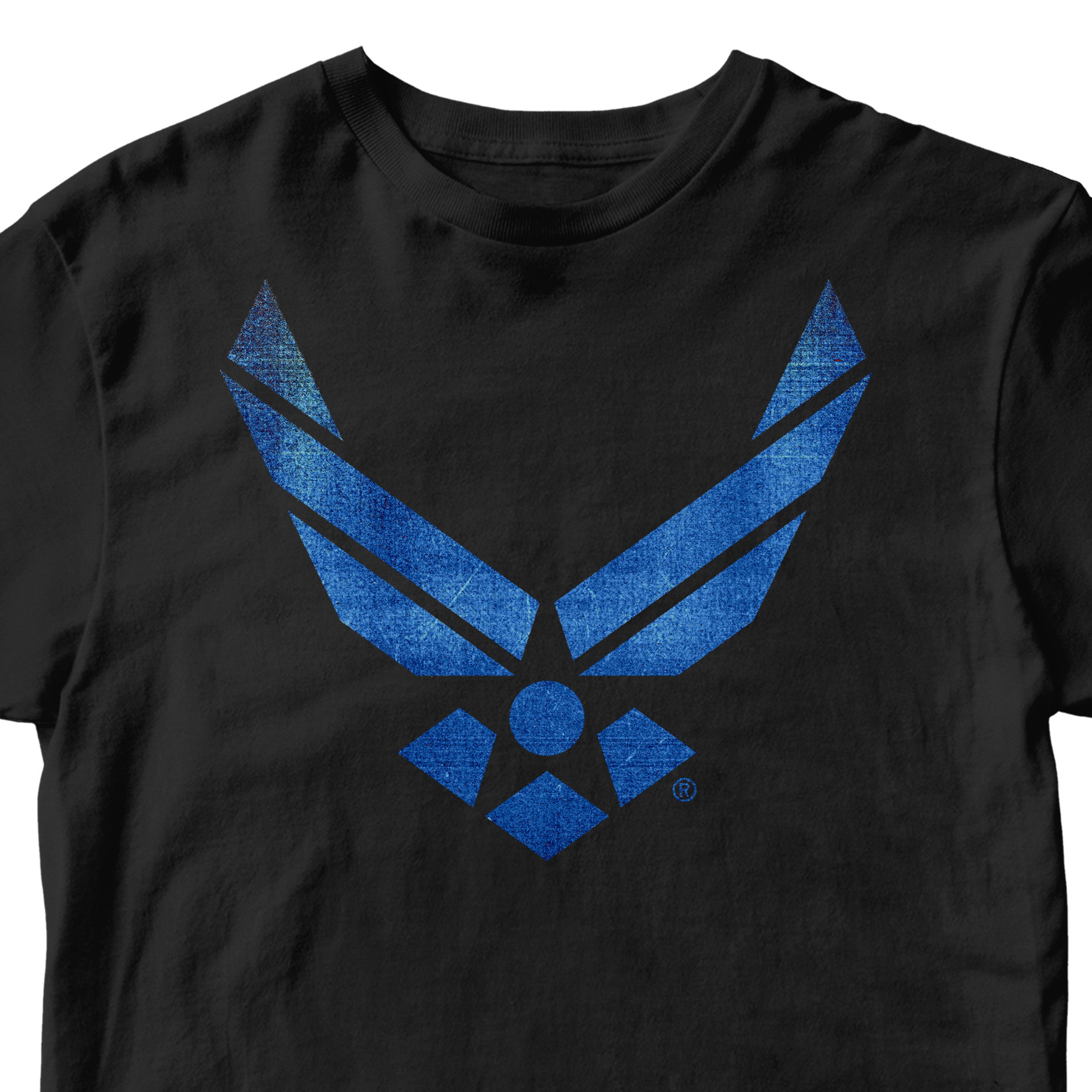 Black Air Force t-shirt with vintage blue wings distressed blue Air Force logo tee. USAF apparel veteran gift military shirt