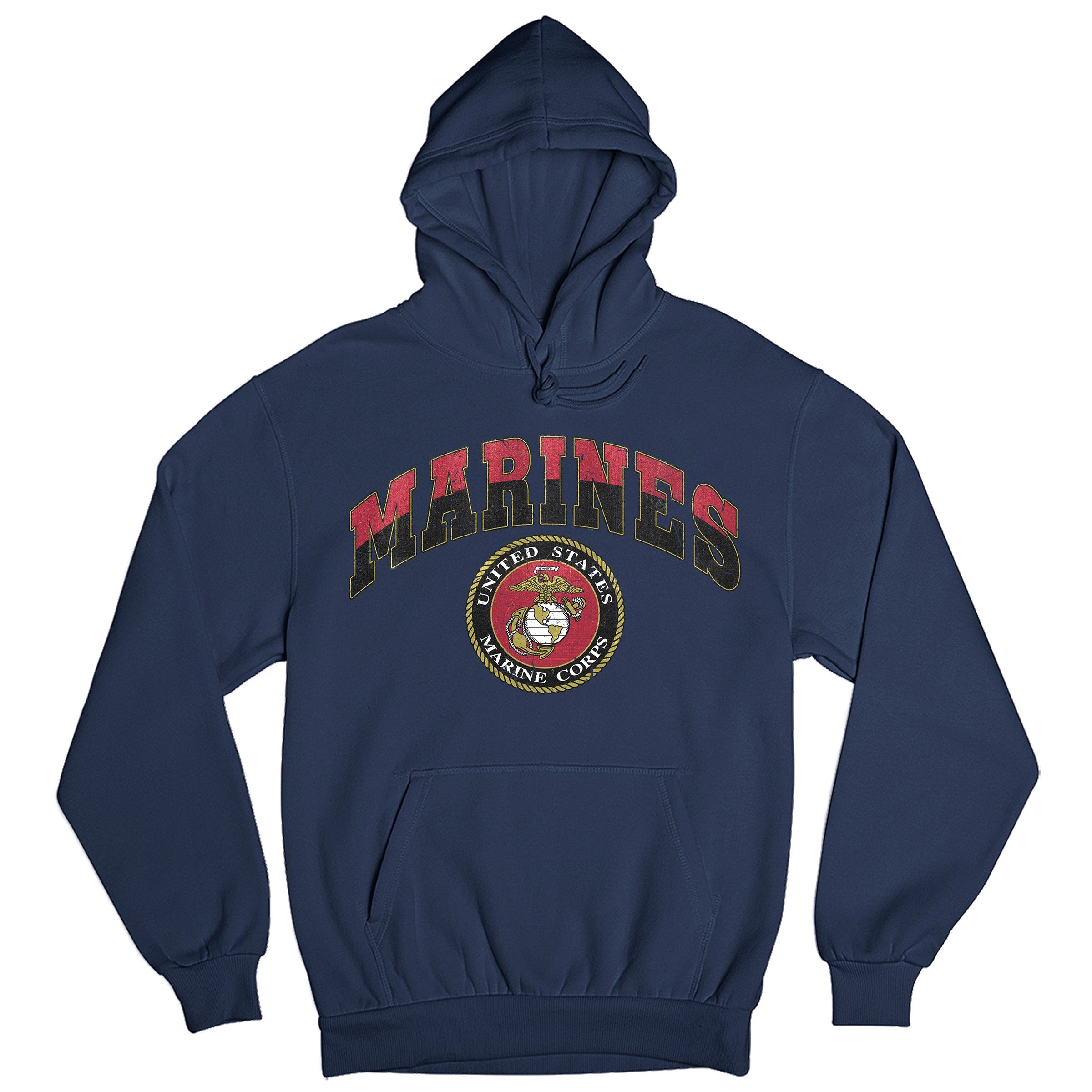 Navy USMC hoodie with vintage red and gold 'MARINES' text and full-color United States Marine Corps seal, patriotic military hoodie for Marines 