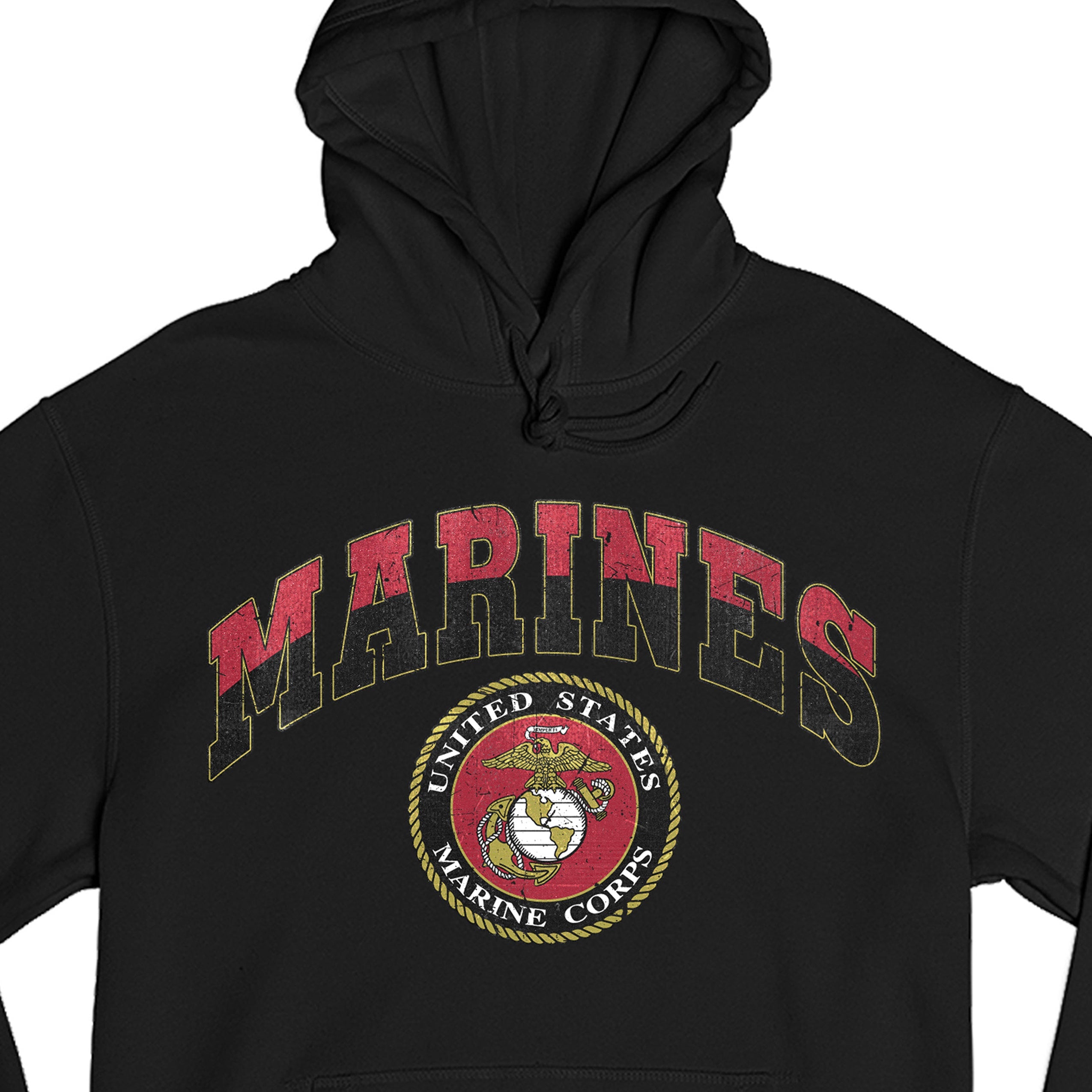 black USMC hoodie with vintage red and gold 'MARINES' text and full-color United States Marine Corps seal, patriotic military hoodie for Marines 