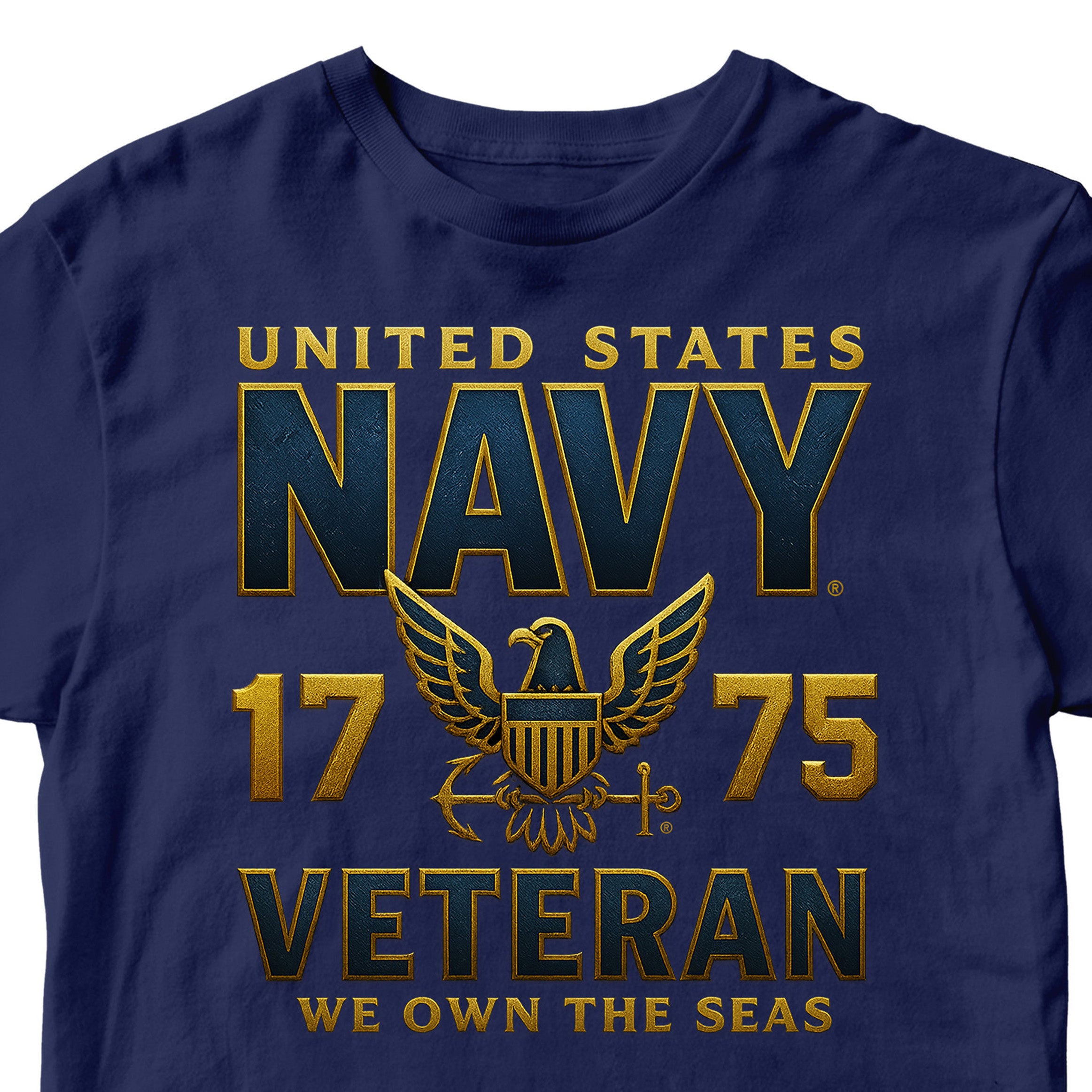 Navy Blue Navy Veteran shirt with eagle emblem and We Own the Seas motto
