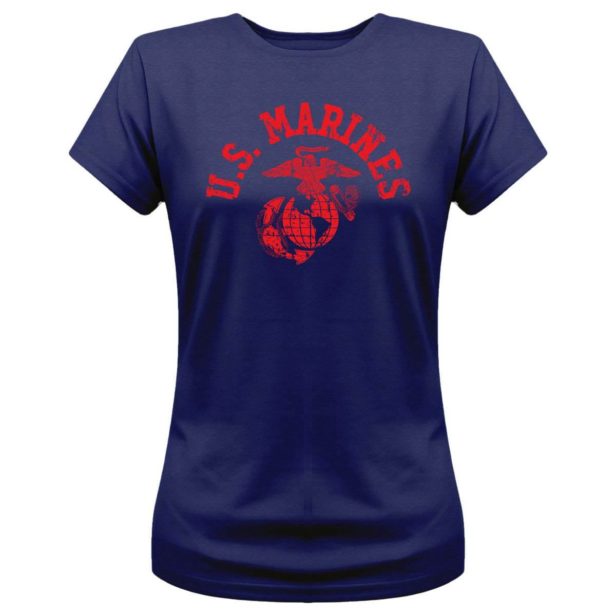 Women’s navy U.S. Marines t-shirt with bold red distressed 'U.S. MARINES' text and vintage Eagle, Globe, and Anchor emblem