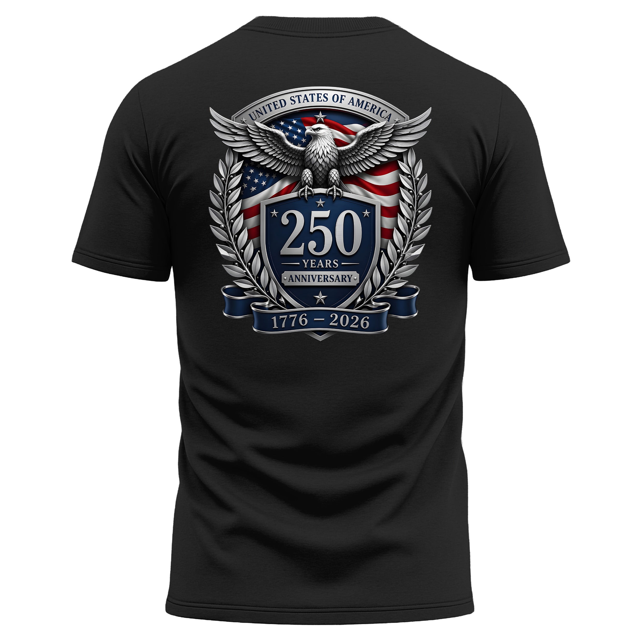 America 250th birthday performance T-shirt with American flag back print. America's 250th anniversary tee. USA 250 Years patriotic Black performance T-shirt.