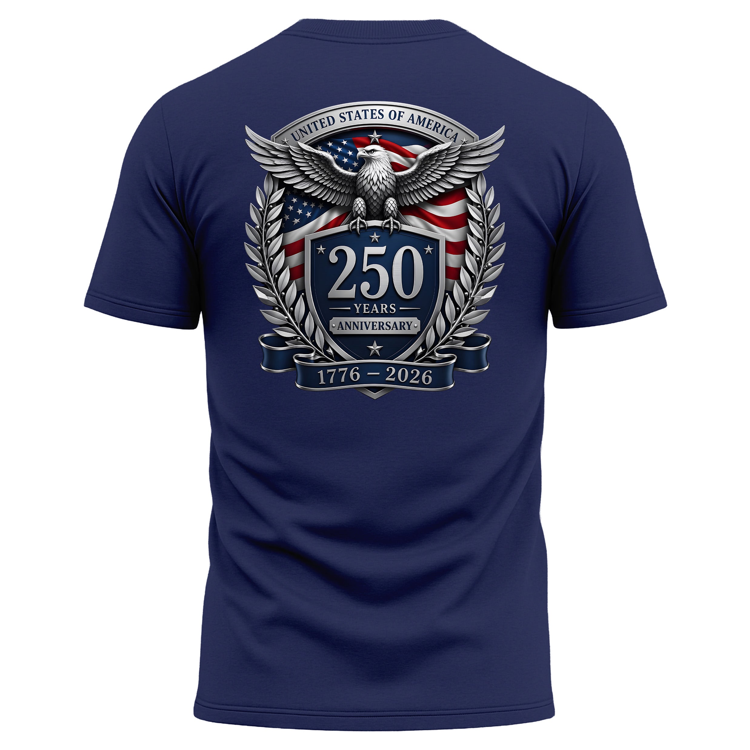 America 250th birthday performance T-shirt with American flag back print. America's 250th anniversary tee. USA 250 Years patriotic navy blue T-shirt.