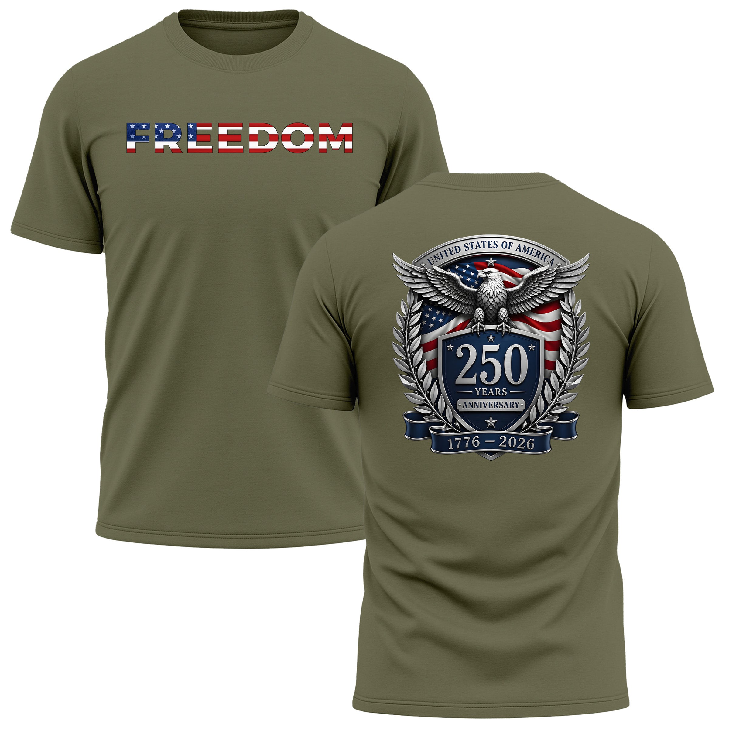 America 250th birthday performance T-shirt with freedom design and American flag back print. America's 250th anniversary tee. USA 250 Years patriotic T-shirt.