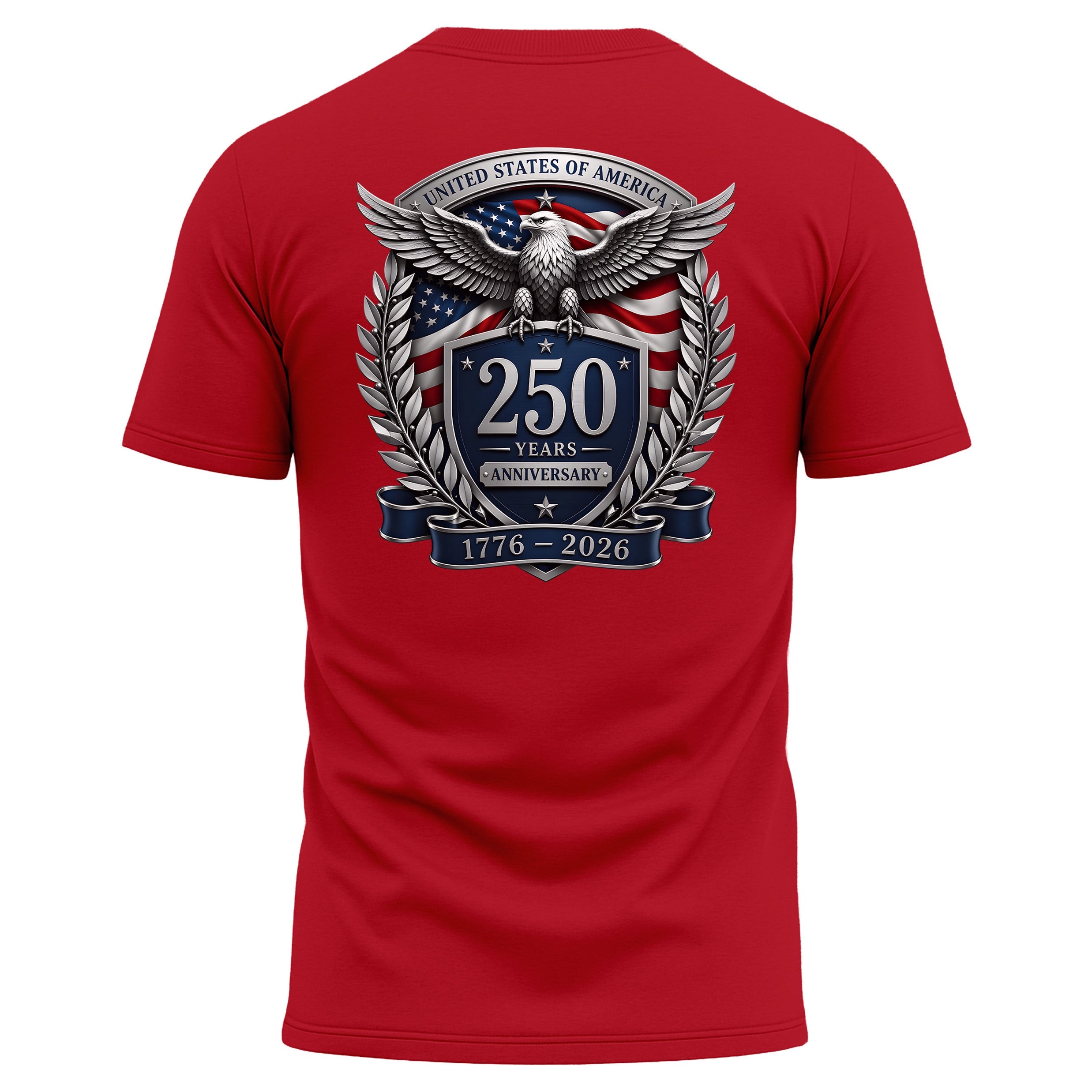 America 250th birthday performance T-shirt with American flag back print. America's 250th anniversary tee. USA 250 Years patriotic red T-shirt.