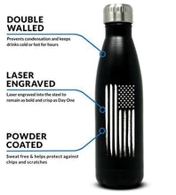 Load image into Gallery viewer, 17oz American Flag Stainless Steel Black Water Bottle Infographic
