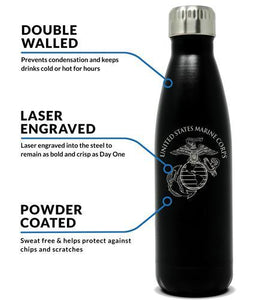 17oz Marine Corps Stainless Steel Black Water Bottle, USMC Water Bottle, Marine Corps Water Bottle