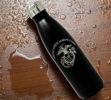 Load image into Gallery viewer, 17oz USMC Black Water Bottle on Table, Marine Corps Stainless Steel Water Bottle
