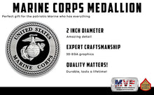 Load image into Gallery viewer, Black and Silver 3D Marine Corps EGA Emblem Two Inch Medallion Infographic
