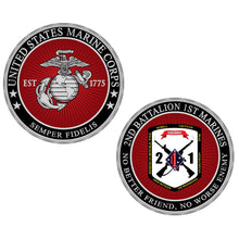 Load image into Gallery viewer, USMC 2ndBn 1st Marines Unit Coin, Second Battalion First Marines Unti Coin, 2/1 USMC Coin, 2/1 Unit Coin, 2nd Battalion 1st Marines
