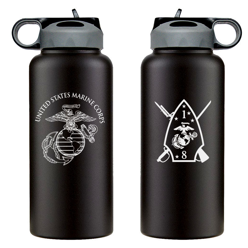 1st Battalion 8th Marines USMC Unit logo water bottle, First Battalion Eighth Marines Unit Logo hydroflask, 1/8 USMC, Marine Corp gift ideas, USMC Gifts for women 32 Oz Water bottle