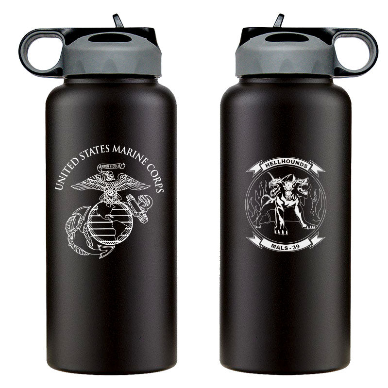 Marine Aviation Logistics Squadron 39 (MALS-39) logo water bottle, MALS-39 hydroflask, Marine Aviation Logistics Squadron 39 (MALS-39) USMC, Marine Corp gift ideas, USMC Gifts for women or men, MALS-39 Hellhounds, 32 Oz MALS-39 Water Bottle