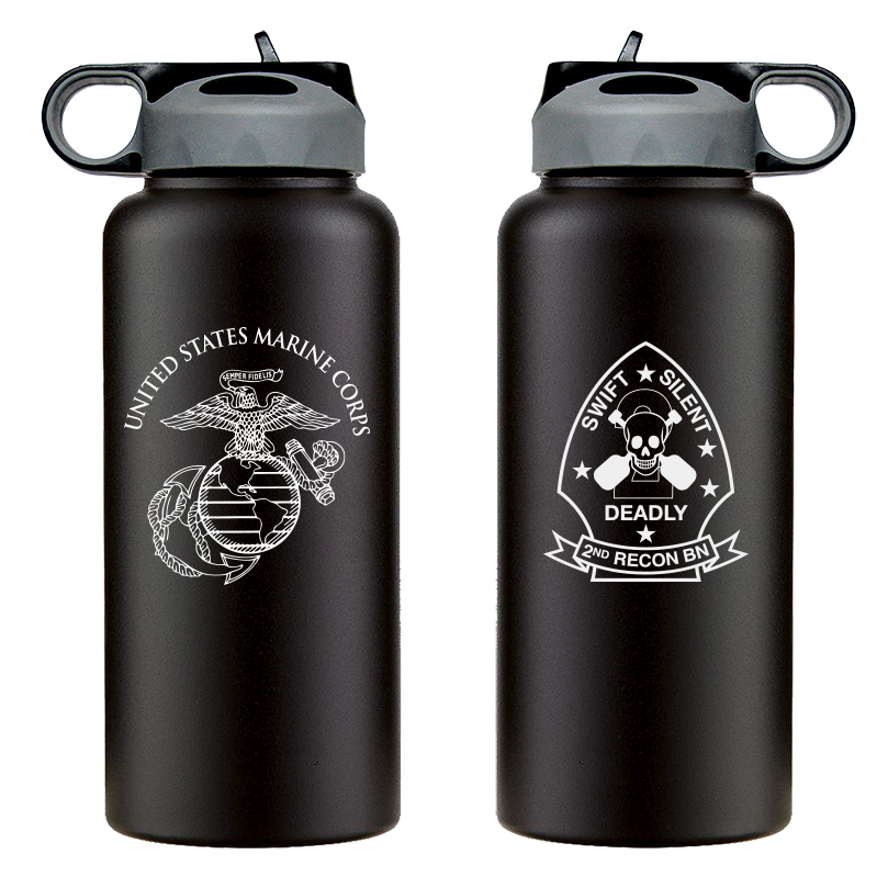 2nd Reconnaissance Battalion USMC Unit Logo water bottle, 2d Recon Bn USMC Unit Logo hydroflask, 2d Recon Bn USMC, Marine Corp gift ideas, USMC Gifts for men or women 32 Oz