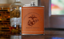 Load image into Gallery viewer, Leather wrapped USMC 8 oz Flask | Stainless Steel Hip Flask for Liquor
