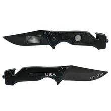 Load image into Gallery viewer, Black Stainless Steel American Flag Patriotic Tactical Knife Glass Breaker Seatbelt Cutter
