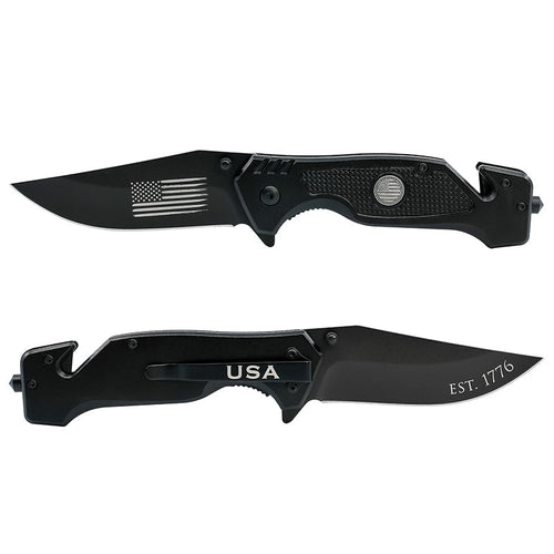Black Stainless Steel American Flag Patriotic Tactical Knife Glass Breaker Seatbelt Cutter