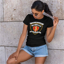 Load image into Gallery viewer, 1st Bn 3d Marines Women&#39;s Unit Logo T-Shirt, 1st Bn 3d Marines logo gear Marine Corp gift ideas for women
