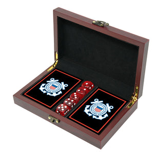 USCG Coast Guard Playing Cards With Dice Wooden Box Gift Set