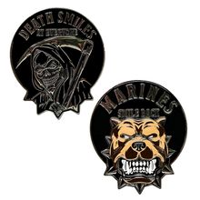 Load image into Gallery viewer, Death Smiles Coin, Death Smiles at everyone Marines smiles back, challenge coin, USMC, Marine Corps Challenge Coins, Semper Fi, Marine Corps

