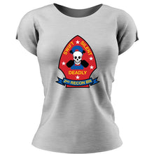 Load image into Gallery viewer, 2nd Reconnaissance Bn USMC Unit ladie&#39;s T-Shirt, 2nd Reconnaissance Bn logo, USMC gift ideas for women, Marine Corp gifts for women 2nd Recon
