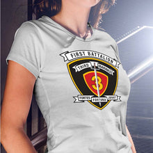 Load image into Gallery viewer, 1st Bn 3d Marines Women&#39;s Unit Logo T-Shirt, 1st Bn 3d Marines logo gear Marine Corp gift ideas for women
