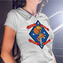 Load image into Gallery viewer, First Battalion Fourth Marines USMC Unit ladie&#39;s T-Shirt,  1/4 USMC Unit logo, USMC gift ideas for women, Marine Corp gifts for women 1st Battalion 4th Marines
