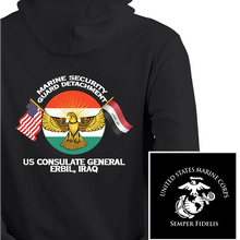 Load image into Gallery viewer, Marine Security Guard Detachment Erbil Iraq USMC  hoodie, MSG DET Erbil Iraq USMC Logo sweatshirt, USMC gift ideas, Marine Corp gifts women or men, USMC unit logo gear, USMC unit logo sweatshirts 
